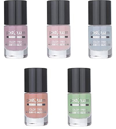 PostQuam Color Trend - Esmaltes de Uñas Normales - Set Pintauñas en Tonos Pastel con 5 Colores: Azul, Verde, Salmón, Rosa Palo y Lila - Esmalte de Uñas de Secado Rápido