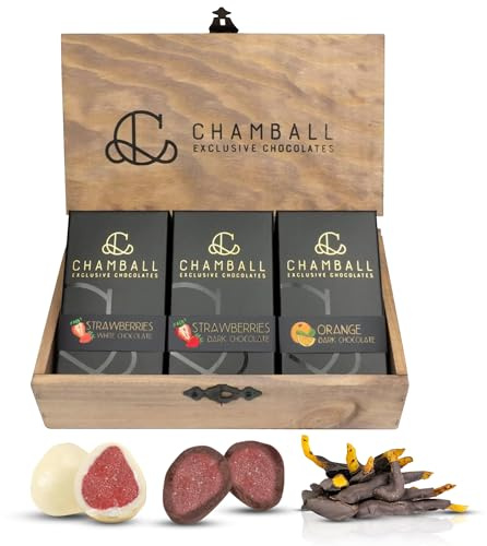 Pack de 3 Cajas de Bombones de Chocolate Negro y Blanco | Fresas y Naranja Confitada con Chocolate | Caja de Bombones para Regalar | Regalo Dulce para Navidad, San Valentín o Día de la Madre