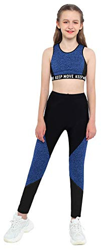 Oyolan Sportset flicka leggings långa strumpbyxor fitness yoga löpning väst sport linne bodybuilding tank top outfit gymnastik kostym dans 5–14 år, typ b marinblå, 10-12 ans