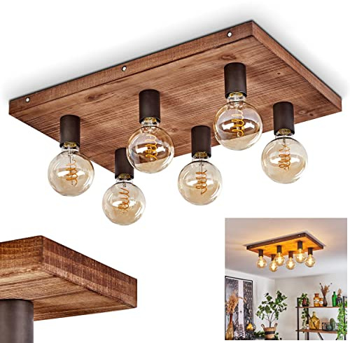 HOFSTEIN Deckenleuchte Amnicon, Deckenlampe aus Holz/Metall in Naturfarben/Schwarz, moderne Leuchte im offenen Retro/Vintage-Design, 6 x E27, Esszimmer, Schlafzimmer, Wohnzimmer, Küche
