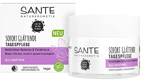 SANTE Naturkosmetik Cura diurna levigante, crema da giorno idratante per una carnagione luminosa, con ialuronio naturale e paracressia, 1 x 50 ml