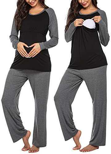 Ekouaer Pigiama da Allattamento da Donna 3 in 1 a Maniche Lunghe in Modal Pigiama per Gravidanza con Scollo Rotondo Abito Premaman per Il Tempo Libero per L'Allattamento Grigio S