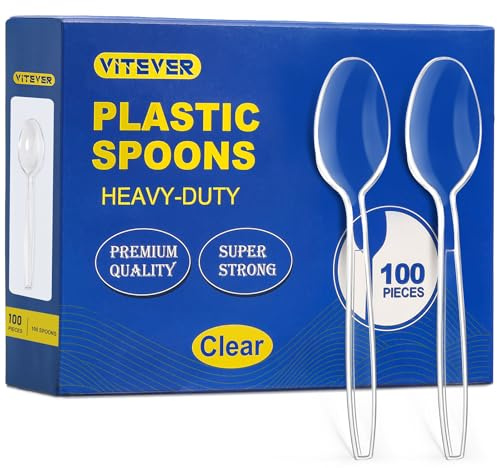 [100 Count] Clear Plastic Spoons Heavy Duty, Premium Disposable Spoons, Durable Plastic Cutlery for for Parties, Picnics, Big Event, Daily Use - Heat Resistant & BPA Free - Clear