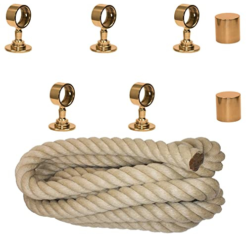Handlaufseil-Set Ø 30 mm – 5 m Polyhanf-Seil „Nature Touch“ naturfarben mit 2 Endkappen & 5 Seilträgern, Messing glänzend | Treppe & Geländer