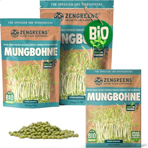 ZenGreens® - Organic Mung Bean Sprouting Seeds - Choose Between 10g, 200g and 500g - Mung Bean Seeds with a Germination Rate of Over 97% - Microgreens - Sprouts