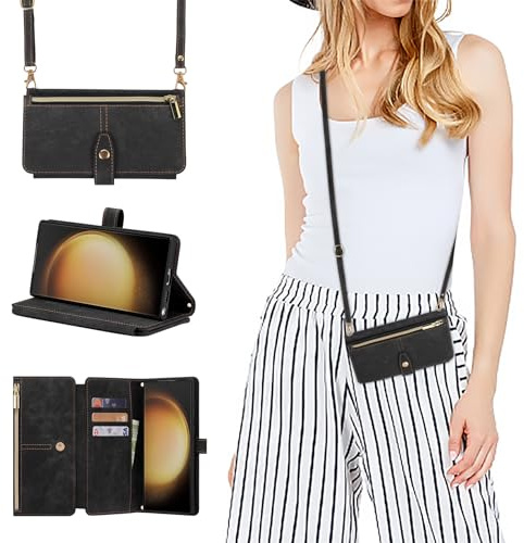 ZCDAYE Hülle für Samsung Galaxy S23 Ultra mit Band Handykette, Leder Handyhülle Klapphülle Handytasche mit Kartenfächern Frauen Brieftasche Tasche für Samsung S23 Ultra,Schwarz