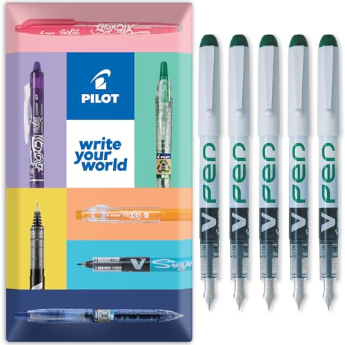 PILOT V PEN - Erasable Disposable Fountain Pen - 0.6mm Nib Tip - Medium Line - In Envelope Gift Packaging - Pack of 5 - Green Ink