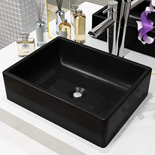 HOMIUSE 41x30x12 cm Lavabo Baño de Cerámica con Vidriada Negro Lavabo Sobre Encimera con Desagüe para Cuarto de Baño Lavabo Piedra Lavabo Pequeño Lavamanos Baño Lavamanos Pequeño