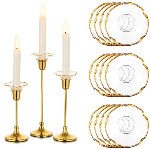 Glasseam Tropfenfänger Kerze für Kerzenhalter Stabkerze: 12er Goldrand Kerzentropfschutz Kerzenständer für Stabkerzen Chic Kerzen Tropfschutz Glas Stabkerzenhalter Gold für Home Zimmer Tafelkerzen