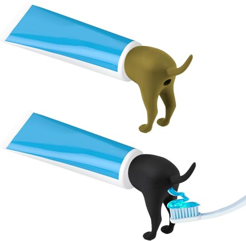Vibbang 2Pcs Pooping Toothpaste Cap, Funny Pooping Dog Butt Toothpaste Topper, Creative Toothpaste Dispenser, Portable Dust Proof Reusable Toothpaste Squeezer Bathroom Decoration for Kids Adults (A)