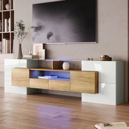Sweiko Meuble TV Bas avec éclairage LED, Commode avec Beaucoup d'espace de Rangement, Forme Unique avec Surfaces en Verre, Design Moderne (Natural, 200 L x 35 B x 60 H)