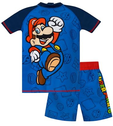 Super Mario Pojkarnas Simset | Tvådelad Pojkarnas Baddräkt | Gaming Barn Rash Vest och Simshorts | Blå 104
