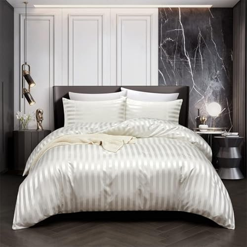 Tospass Housse de Couette Satin 240x260 Beige Blanc Rayures Soyeux Linge de Lit Satin de Soie Brillante Parure de Lit Adulte 2 Personnes avec Fermeture éclair et 2x65x65cm Taies d'oreiller