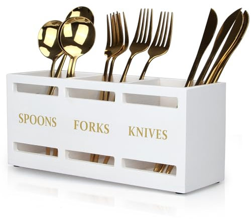 Ayiaren Wood Flatware Silverware Caddy White Cutlery Holder Kitchen Utensils Holder for Party Wooden Silverware Organizer for Countertop Knife Spoon and Fork Holder Table Utensil Caddy Organizer