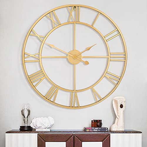 Maxstar Reloj de Pared Grande con números Romanos Modernos Redondos de Metal para Sala de Estar, Cocina, Dormitorio, jardín, fácil de Leer, Relojes de Pared Vintage, Color Oro, 80 cm