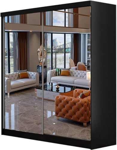 SLIDING WARDROBE 4U Berlin Free Standing Sliding Double Mirror Door Wardrobe (Black, 150cm)