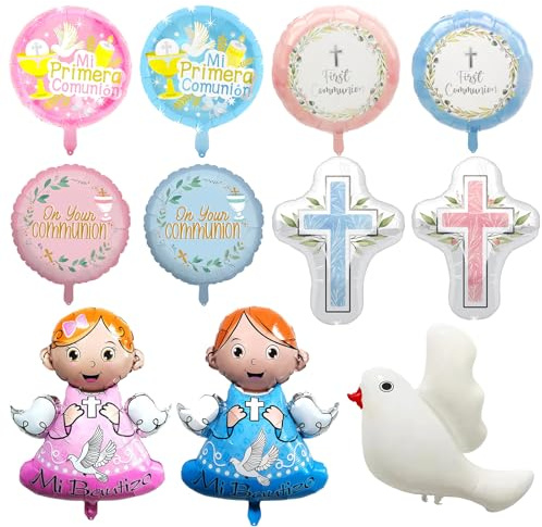 11PCS Kommunion Luftballons Set, Kreuz Luftballons, Weiße Tauben Ballons, Mädchen Konfirmation Kommunion Taufe Ballons Deko Für Erstkommunion Taufparty
