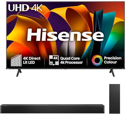 Hisense TV & Soundbar Bundle: 75A6NTUK TV with 4K Direct Lit, Quad Core 4K Processor Plus the HS2100 Soundbar with 240W Power, Surging Direct Sound