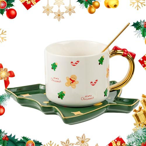 LUVDECO 1 Set Christmas Ceramic Cup, Weihnachten Kaffeebecher, Kaffeebecher Weihnachen Geschenk mit Deckel und Löffel, Weihnachteskaffeebecher geeignet für Büros und Haushalte (Lebkuchenmann)
