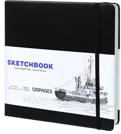 Square Sketch Book 60 Sheets, Sketchbook with 200GSM Thick Paper - Black Hardback Art Drawing Pad for Sketching, 20 x 20 cm, 120 Pages