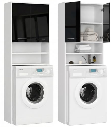 Home Collective Waschmaschinen-Badezimmerschrank 64 cm breit 180 cm hoch Weiß-Schwarz Hochglanz - Hochwertige laminierte Platte großzügiger Stauraum mit 4 Regalen ABS-Kanten Silbergriffe