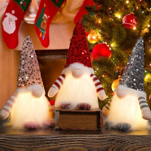 KUWUNG Beleuchtete Weihnachtswichtel, 3 Stück Handgefertigte Weihnachtswichtel Figuren mit Licht, Plüsch Leuchtende Weihnachtsdeko Figuren,Weihnachts Wichtel,Gnome Weihnachten für Weihnachtsdeko Innen