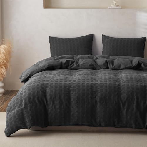 BISELINA 100% Cotton Duvet Cover Set Waffle Weave 3PCS (1 Comforter Cover, 2 Pillow Shams) Reversible Soft Skin-Friendly Breathable Shabby Chic Bedding for All Season - Charcoal Grey, Full Size