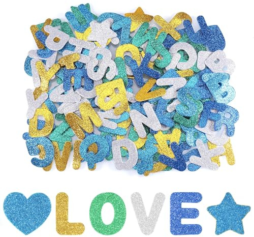Hejo 196 PCS Pegatinas Letras de Espuma, Pegatinas de Goma EVA de Espuma Brillante, Alfabeto Autoadhesivo, Niños Aprendiendo (Azul Amarillo)