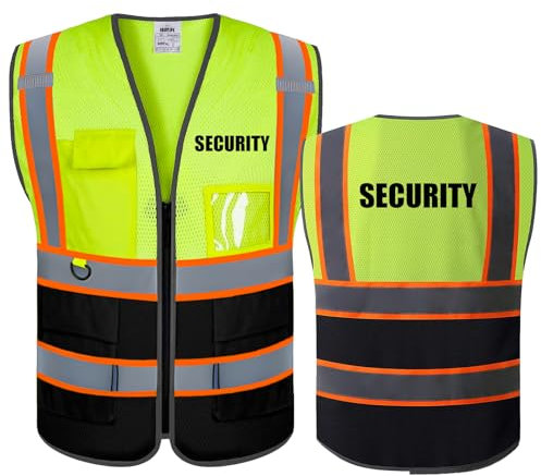 BeautyWill Personalisierte Sicherheitsweste Warnweste mit Text oder Logo und 5 Mehreren Taschen Hohe Reflektivität Warnschutz Arbeitsweste Sicherheitsweste （Gelb Schwarz-L）