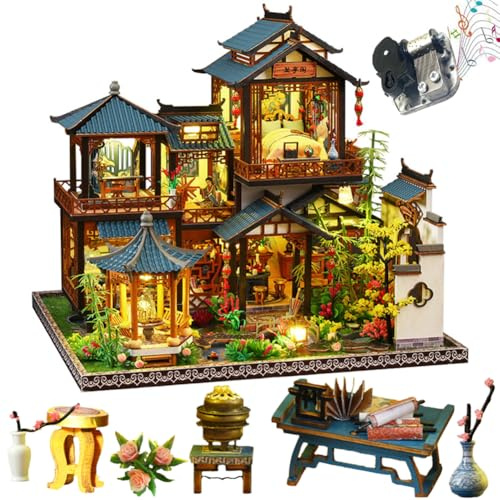 TOPBSFARNY 3D Holz montiert Puppenhaus Kit DIY Miniatur chinesischen Stil Bühne Gebäude mit Musik Kreativität Halloween Geburtstagsgeschenk (ohne Staubschutz)