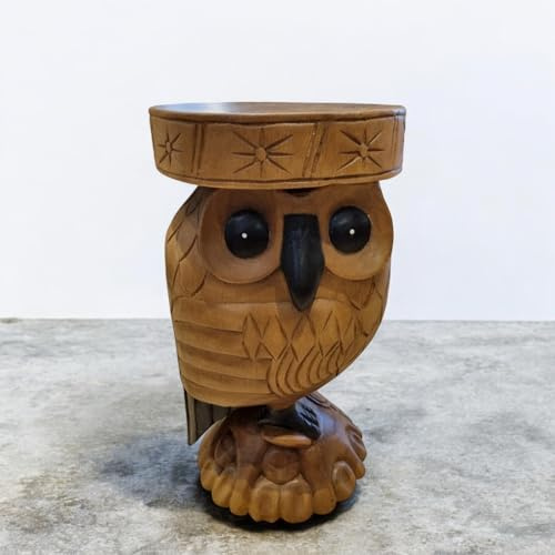 Kinaree Mesa auxiliar NOK HUUK Búho de madera maciza de Suar – Mesita de noche tallada a mano o soporte para flores en diseño asiático, madera natural única de Indonesia (marrón)