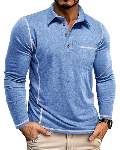 Volemo Mens Long Sleeve Polo Shirts Cotton T-Shirts with Pocket Blue M