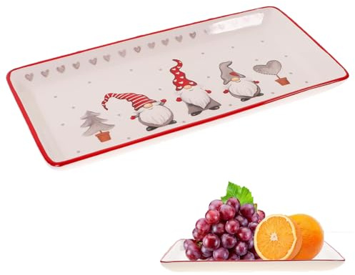 Awleynz Keramik Teller Weihnachten, Rechteckiger Weihnachtsteller aus Porzellan mit Wichtel-Motiv, Servierteller für Steakteller, Dessert, Salat und Snacks, 29×14cm
