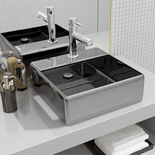 Lavabo Carré with Céramique Argentée, Design Moderne, Vasque à Poser Salle de Bain, Lavabo Salle de Bain, Meuble Vasque Salle de Bain, Argent, 41 x 41 x 15 cm