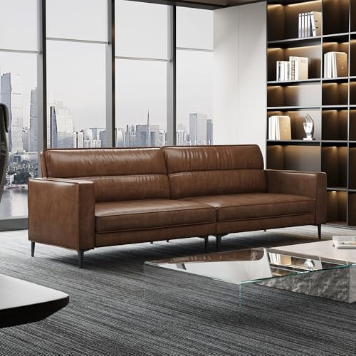 GildedGrove 2.2m Brown Leather Sofa, 2/3 Seater Couch with Solid Wood & Metal Frame, Vintage Style Leather Sofa for Living Room, Office, Apartment, Easy-Clean Durable Faux Leather Fabric Sofas