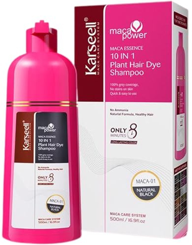 Karseell MACA CARE SYSTEM Champú Tinte Negro Natural Cobertura Canas Instantáneo Coloración Rápida 8 Minutos Aceite Argán Queratina Hidrolizada Raíces Brillo Suavidad Sin Parabenos Ni Siliconas 500ml