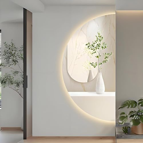ZYBOWAYL 50x100cm Specchio da Trucco Dimmerabile a Mezzaluna, 3 Temperature Colore 120x60cm Specchio da Bagno Antiappannamento Intelligente Senza Cornice(Right Cut,80x40cm)