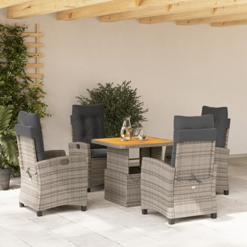 QJBSAVVA 5-teiliges Gartenmöbel Set mit höhenverstellbarem Akazienholztisch 80 x 80 cm klappbare Poly-Rattan Sessel grau 57 x 66 cm loungefähig für Balkon Terrasse Camping