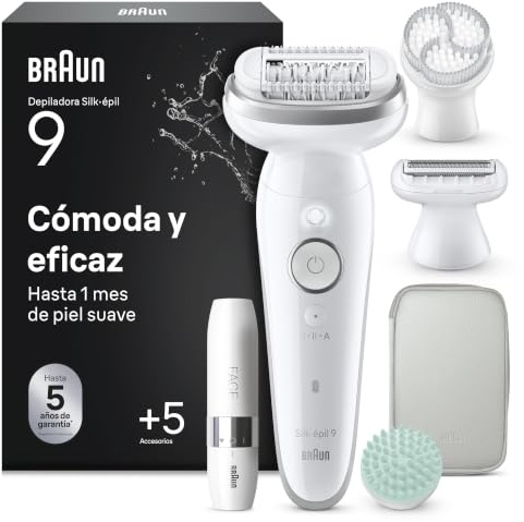 Braun Silk·épil 9 SkinSpa Epilator, All-in-One Set, Electric Hair Remover with Pivoting Head, Wet & Dry Lady Shaver, with Exfoliation Brush, Massage Pad and Grooming Attachments, Silver 9-381