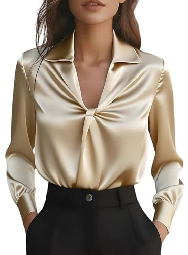 Camicetta da Donna Elegante Maglietta Seta a Maniche Lunghe Camicetta in Raso Sciolto Blusa in Chiffon Ufficio con Scollo a V Moda Camicia Business Casual Basic Shirts da Lavoro Ampia Button Down