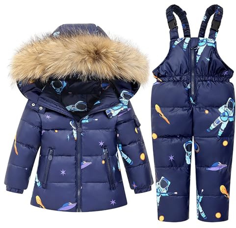 2-delad barn snödräkt puffer dunjacka med huva och snöskidor hängselbyxor vindtäta vattentäta vinterskidkläder set med fuskpälshuva en del kostym, Mörkblått, 100