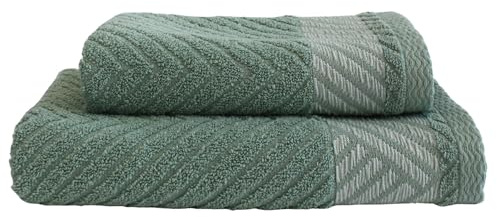 MAXIME MAISON - Set Asciugamani Bagno Viso e Bidet in Morbida Spugna 100% Cotone Assorbente (450 gr/m²) Set da Bagno 2 Pezzi Asciugamano Viso 55x100cm, Asciugamano Ospite 40x60cm (Chevrone Salvia)