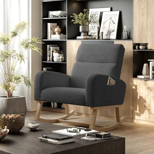 Lodera Sedia a dondolo per allattamento, sedia a dondolo con pattini antiscivolo, velluto Teddy, gambe in legno massello, per soggiorno, camera da letto e ufficio, grigio scuro