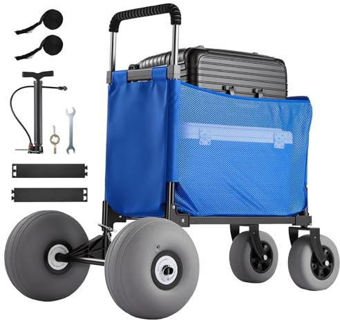 VEVOR Carro de Playa con Ruedas de Globo, Carrito Plegable Capacidad de Carga de 75 kg, con Asa Ajustable de 4 Niveles, Bolsa de Almacenamiento, para Camping, Pesca, Eventos Deportivos, Picnics
