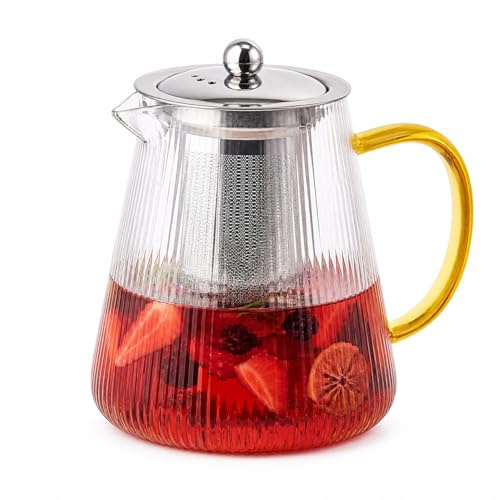 Eden & Willow Glass Teapot with Infuser, Borosilicate Tea Pot with Strainer for Loose Tea Coffee, Stainless Steel Filter & Lid, Heat-Resistant Microwavable Stovetop Safe (950 ml)