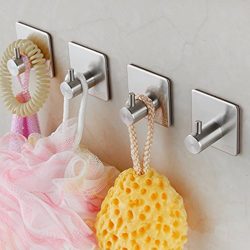 JS Self Adhesive Hooks for Kitchen Bathrooms Closet - Stick on Holder for Tea Towel Robe Coat - Stainless Steel Waterproof Rustproof Sticky Wall Hooks - 4 Pack