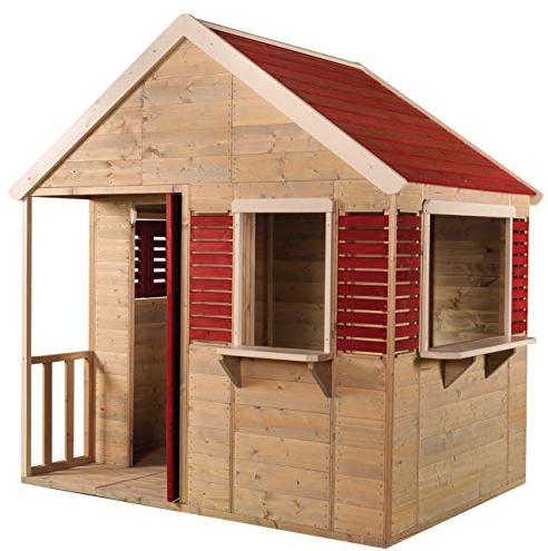Wendi Toys M12R Spielhaus Kinder Outdoor Summer Villa mit Volltür, Fensterläden und Veranda, 120x155x168 cm, Rot Kinderspielhaus aus Holz FSC, ideal für 3-7 Jahre Kinder Gartenhaus