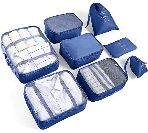 AMAYGA 8pcs Organisateur de Bagage de Sac Voyage Emballage Cubes Rangement pour Vêtement sous-Vêtement Chaussures Cosmétique (Bleu Foncé)