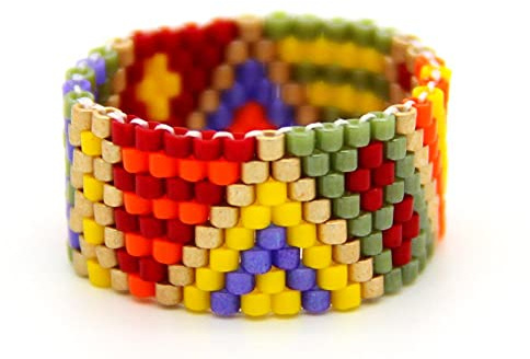 Delica-Glasperlen-Ring in Kunterbunt und Goldnuance, gewebter breiter Bandring Peyote flexibler Perlenring Ethnostyle #056 Formina