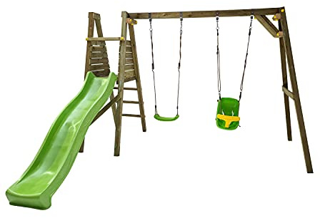MASGAMES Lignum L, Laufstall für Kinder, Rutsche mit Schlauchanschluss, behandeltes Holz, inklusive Verankerungen, 2-Sitzer-Schaukel